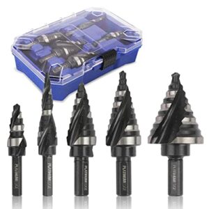 platinumedge step drill bits set, 5 pieces sae, high speed steel step bits with 50 total step sizes, double flute cutting blades, nitride black coating and polished