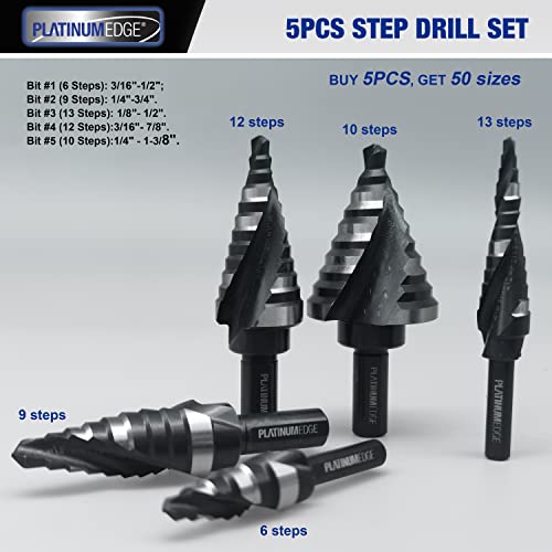PLATINUMEDGE Step Drill Bits Set, 5 Pieces SAE, High Speed Steel Step Bits with 50 Total Step Sizes, Double Flute Cutting Blades, Nitride Black Coating and Polished