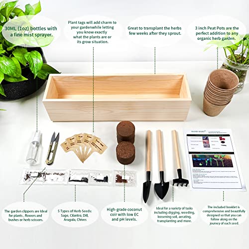 Indoor Herb Grow Kit, 5 Herb Garden Starter Kit with Complete Planting Kit & Wooden Flower Box for Kitchen Windowsill Herb Garden DIY