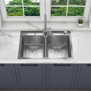 sinber 33" x 22" x 9" drop in double bowl kitchen sink with 18 gauge 304 stainless steel satin finish ht3322d-9-s (sink only)