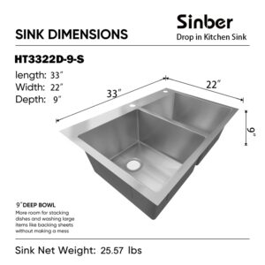 Sinber 33" x 22" x 9" Drop In Double Bowl Kitchen Sink with 18 Gauge 304 Stainless Steel Satin Finish HT3322D-9-S (Sink Only)