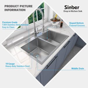 Sinber 33" x 22" x 9" Drop In Double Bowl Kitchen Sink with 18 Gauge 304 Stainless Steel Satin Finish HT3322D-9-S (Sink Only)