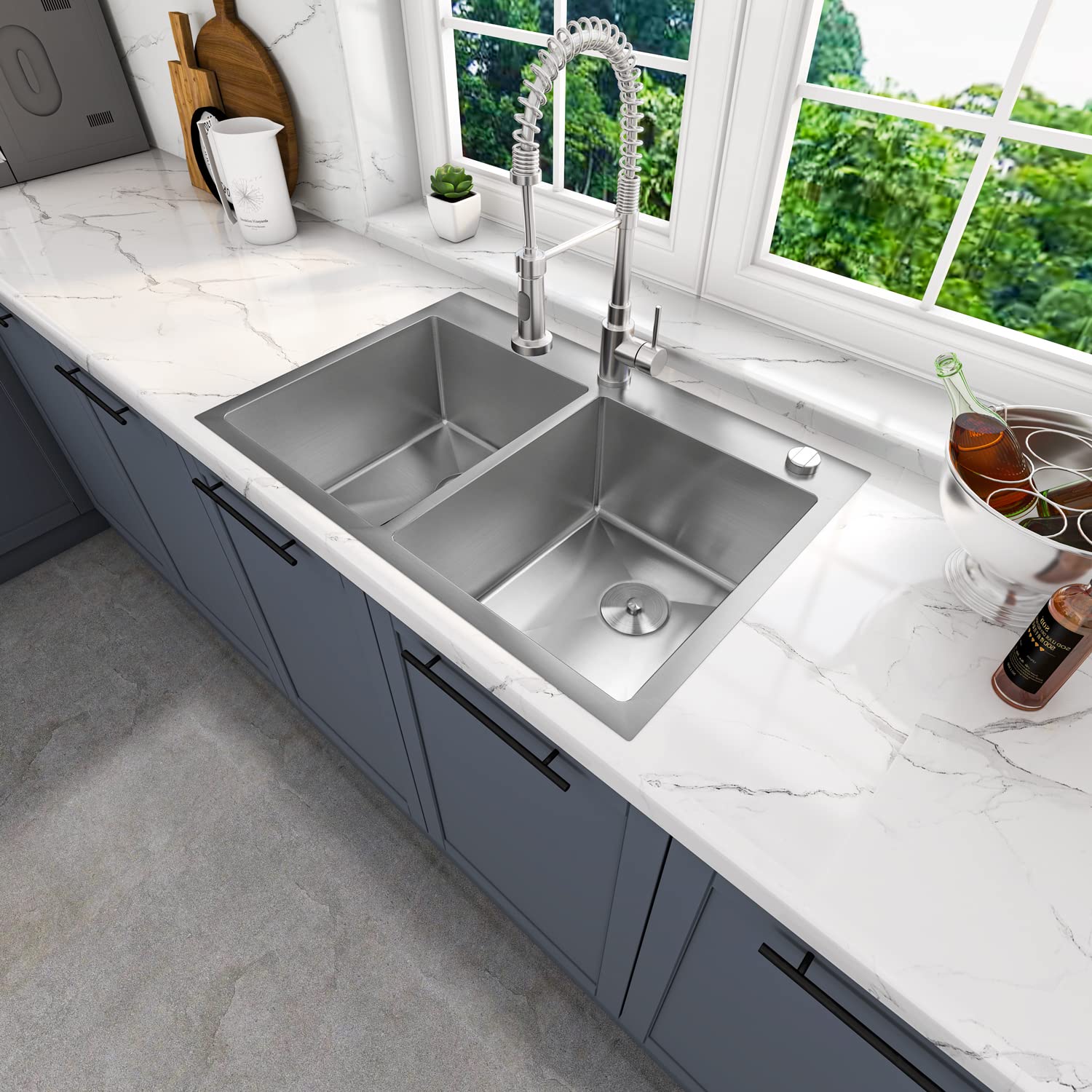 Sinber 33" x 22" x 9" Drop In Double Bowl Kitchen Sink with 18 Gauge 304 Stainless Steel Satin Finish HT3322D-9-S (Sink Only)