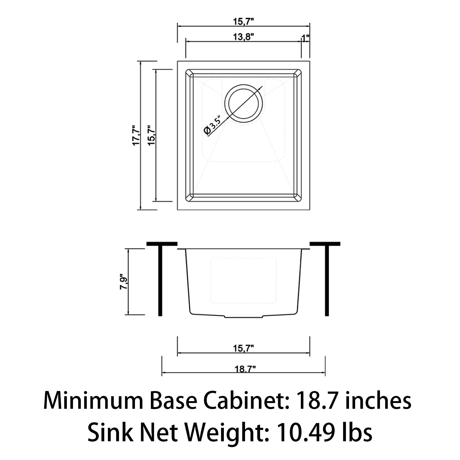 Sinber 16" x 18" x 8" Undermount Single Bowl Kitchen Sink with 18 Gauge 304 Stainless Steel Satin Finish HU1517S-S (Sink Only)