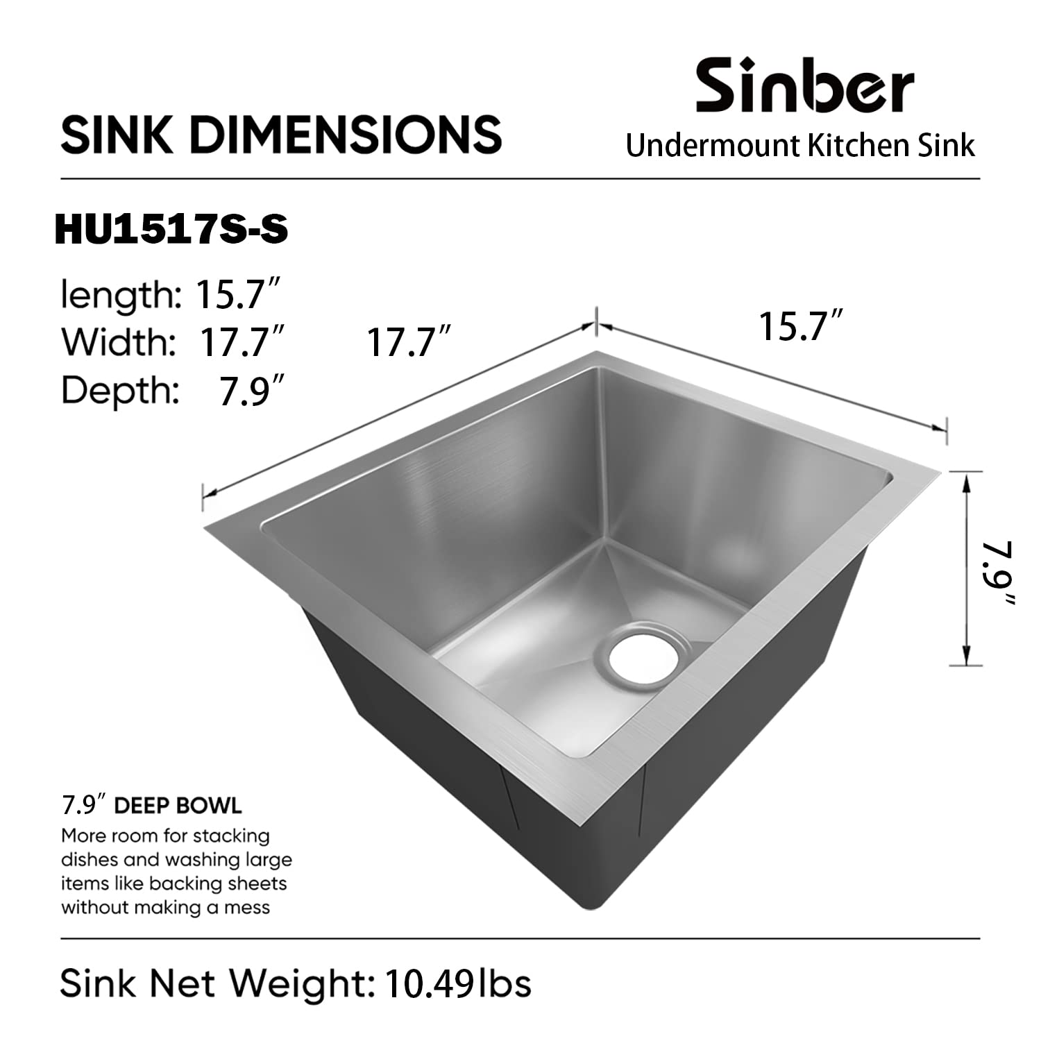 Sinber 16" x 18" x 8" Undermount Single Bowl Kitchen Sink with 18 Gauge 304 Stainless Steel Satin Finish HU1517S-S (Sink Only)