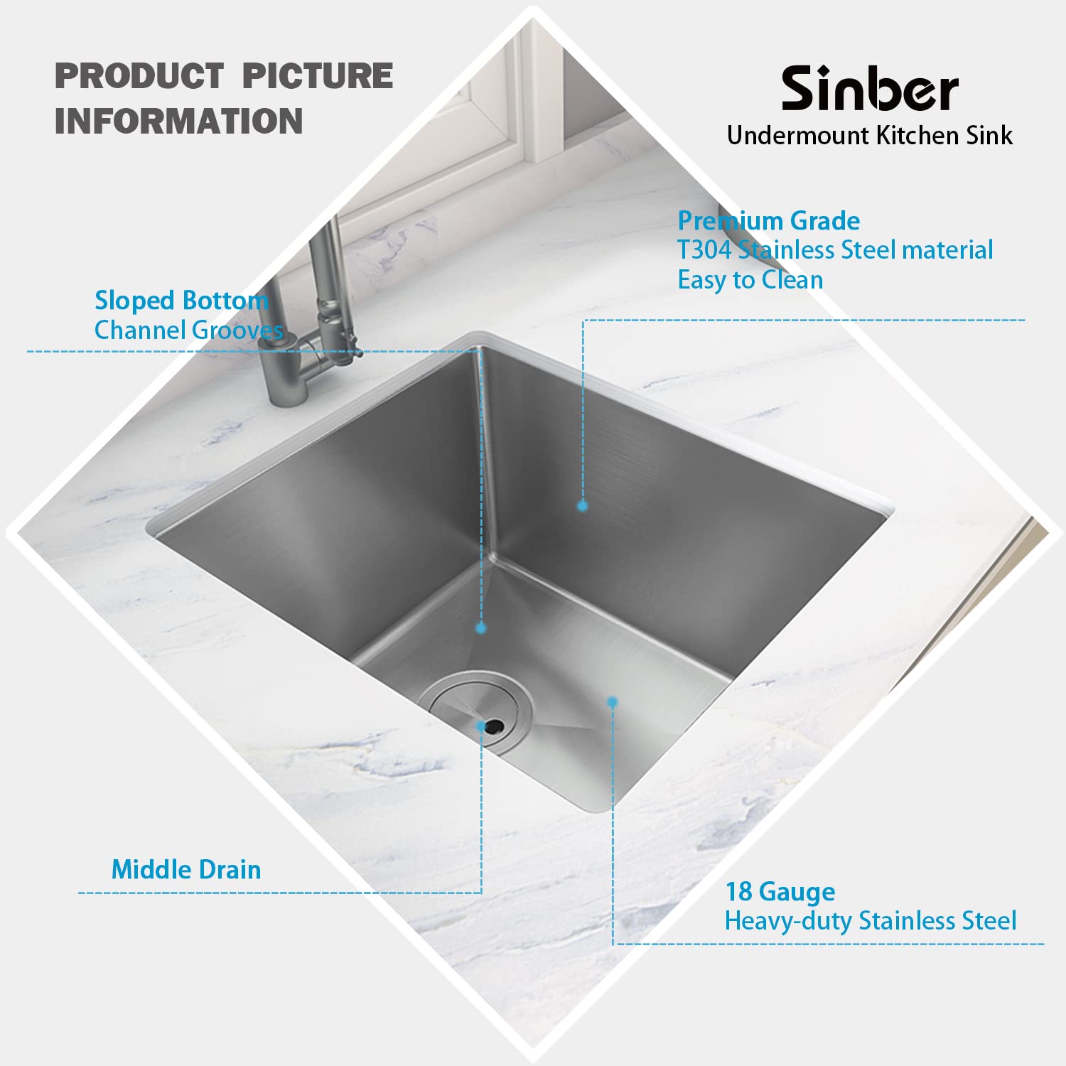 Sinber 16" x 18" x 8" Undermount Single Bowl Kitchen Sink with 18 Gauge 304 Stainless Steel Satin Finish HU1517S-S (Sink Only)