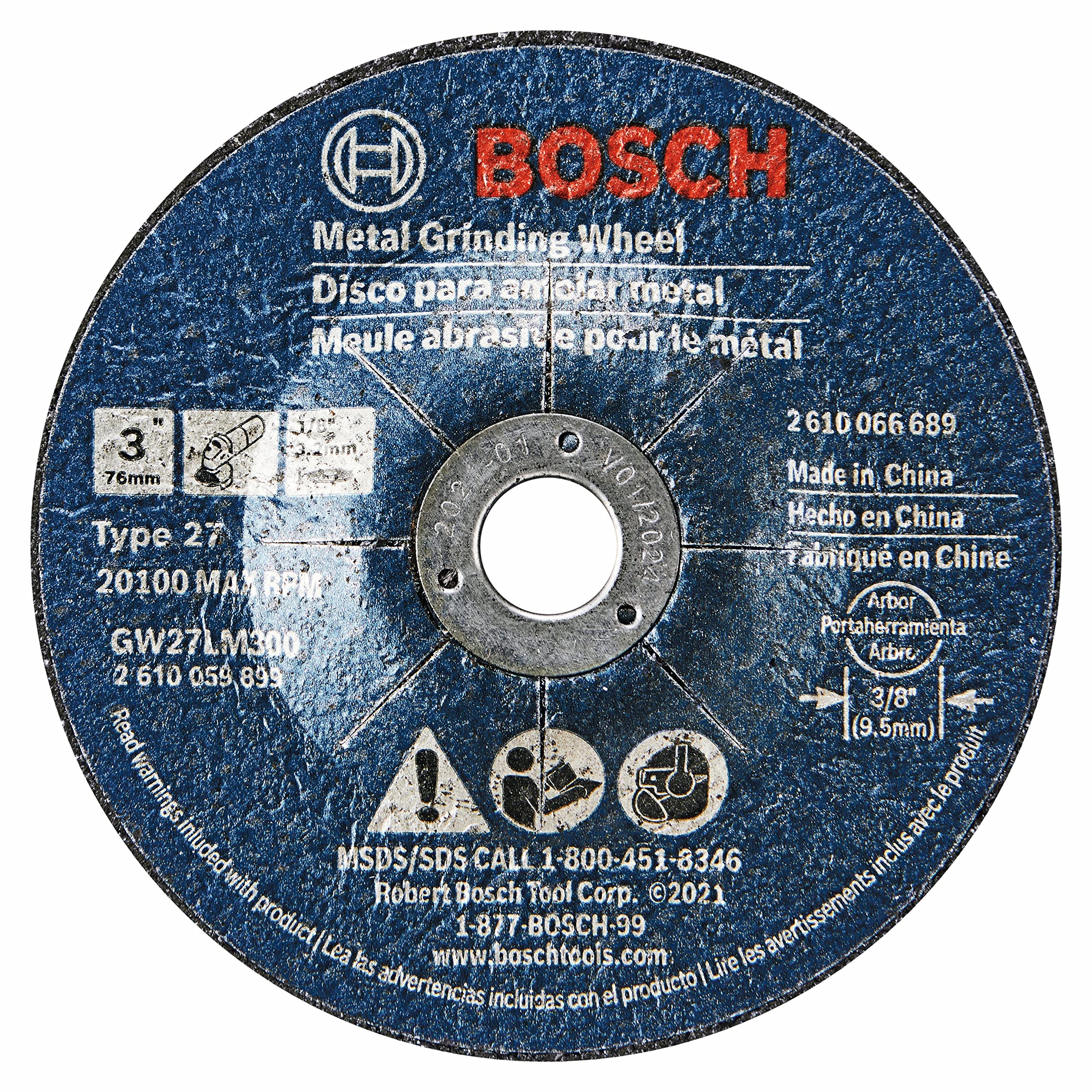 BOSCH GW27LM300 2-Pack 3 In. x 1/8 In. Metal Grinding Wheel 30 Grit Compatible with 3/8 In. Arbor Type 27 for Applications in Grinding