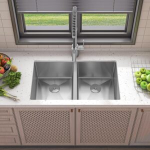 sinber 32" x 19" x 10" undermount double bowl kitchen sink with 18 gauge 304 stainless steel satin finish hu3219d (sink only)