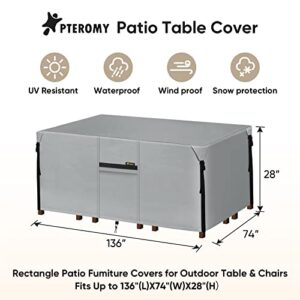 PTEROMY Waterproof Patio Table Cover, Heavy Duty 600D Canvas Patio Furniture Covers for Outdoor Dining Table and Chairs (Pewter Gray, 136''x 74'')