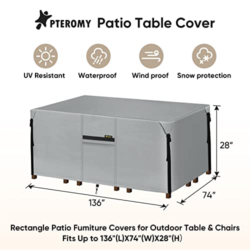 PTEROMY Waterproof Patio Table Cover, Heavy Duty 600D Canvas Patio Furniture Covers for Outdoor Dining Table and Chairs (Pewter Gray, 136''x 74'')