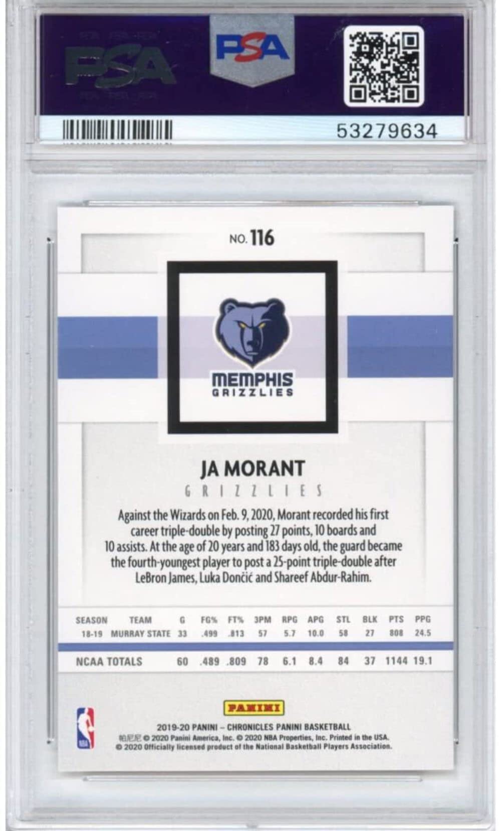 Graded 2019-20 Panini Chronicles Ja Morant #116 Young Dolph Rookie RC Basketball Card PSA 10 Gem Mint