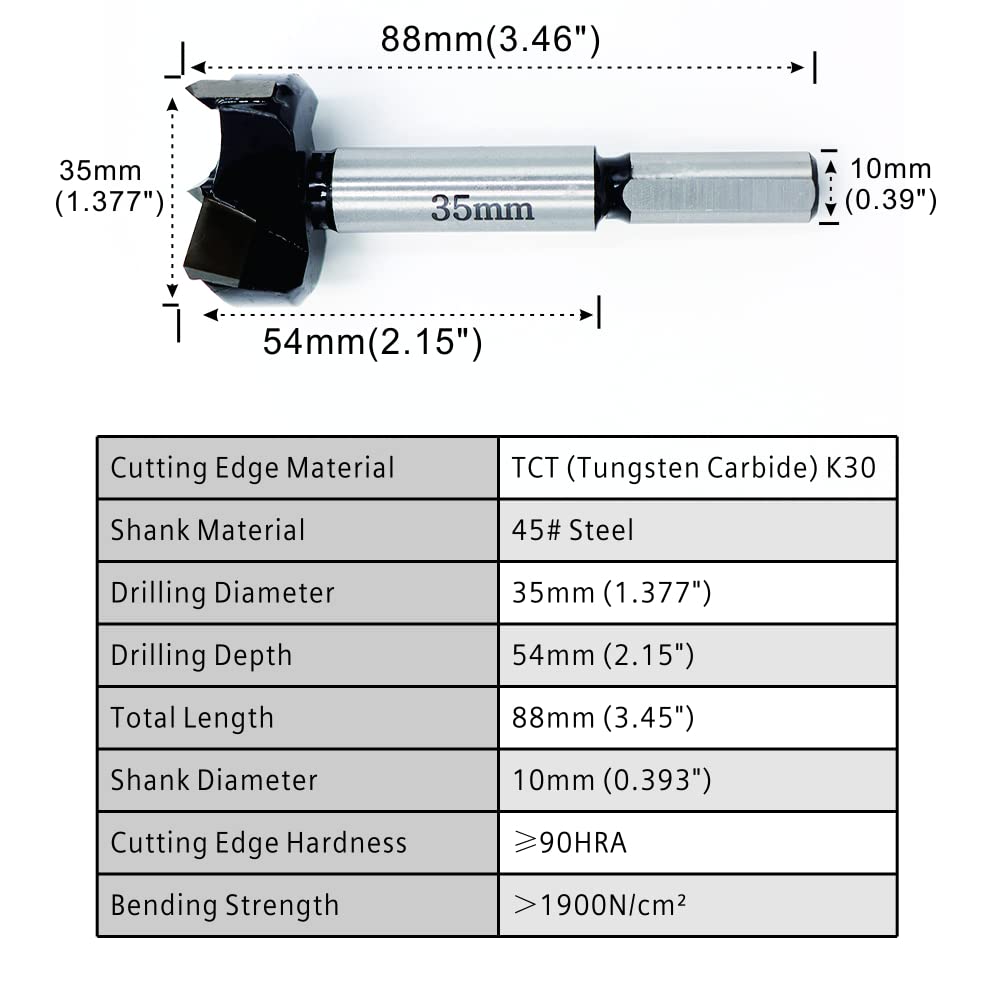 Forstner Drill Bits 35mm (1-3/8 inch) Tungsten Carbide Wood Hole Saw Auger Opener Woodworking Drilling Tool Wood Cutter