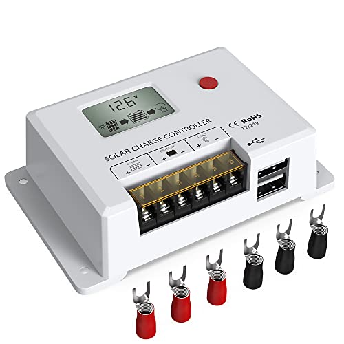 Solar Charge Controller 10A, Bateria Power 12V/24V PWM Solar Controller with LCD Display Dual USB Multiple Load Control Modes for AGM, Gel, Flooded and Lithium Battery, Used in RVs, Boats, Yachts