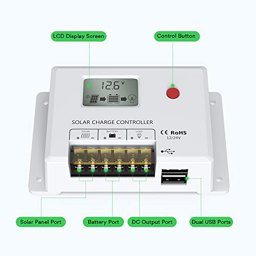 Solar Charge Controller 10A, Bateria Power 12V/24V PWM Solar Controller with LCD Display Dual USB Multiple Load Control Modes for AGM, Gel, Flooded and Lithium Battery, Used in RVs, Boats, Yachts