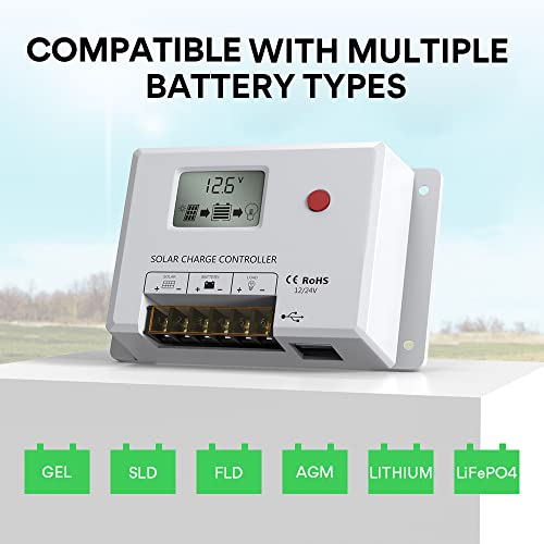 Solar Charge Controller 10A, Bateria Power 12V/24V PWM Solar Controller with LCD Display Dual USB Multiple Load Control Modes for AGM, Gel, Flooded and Lithium Battery, Used in RVs, Boats, Yachts