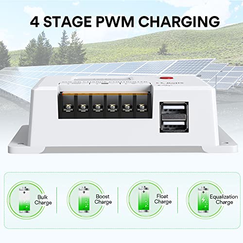 Solar Charge Controller 10A, Bateria Power 12V/24V PWM Solar Controller with LCD Display Dual USB Multiple Load Control Modes for AGM, Gel, Flooded and Lithium Battery, Used in RVs, Boats, Yachts