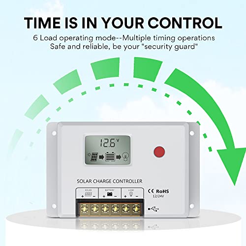 Solar Charge Controller 10A, Bateria Power 12V/24V PWM Solar Controller with LCD Display Dual USB Multiple Load Control Modes for AGM, Gel, Flooded and Lithium Battery, Used in RVs, Boats, Yachts