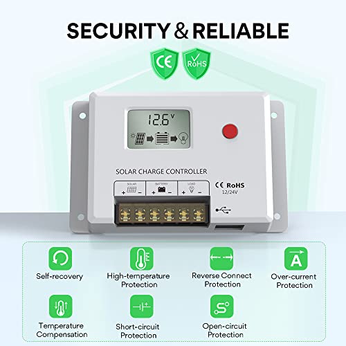 Solar Charge Controller 10A, Bateria Power 12V/24V PWM Solar Controller with LCD Display Dual USB Multiple Load Control Modes for AGM, Gel, Flooded and Lithium Battery, Used in RVs, Boats, Yachts