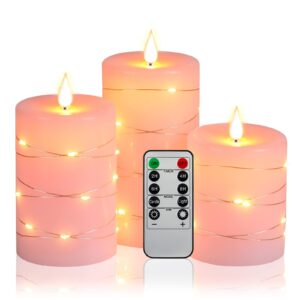 upinmz flameless candle battery with string of lights battery powered led candle flashing candle with remote control and timer 3 packs (pink)