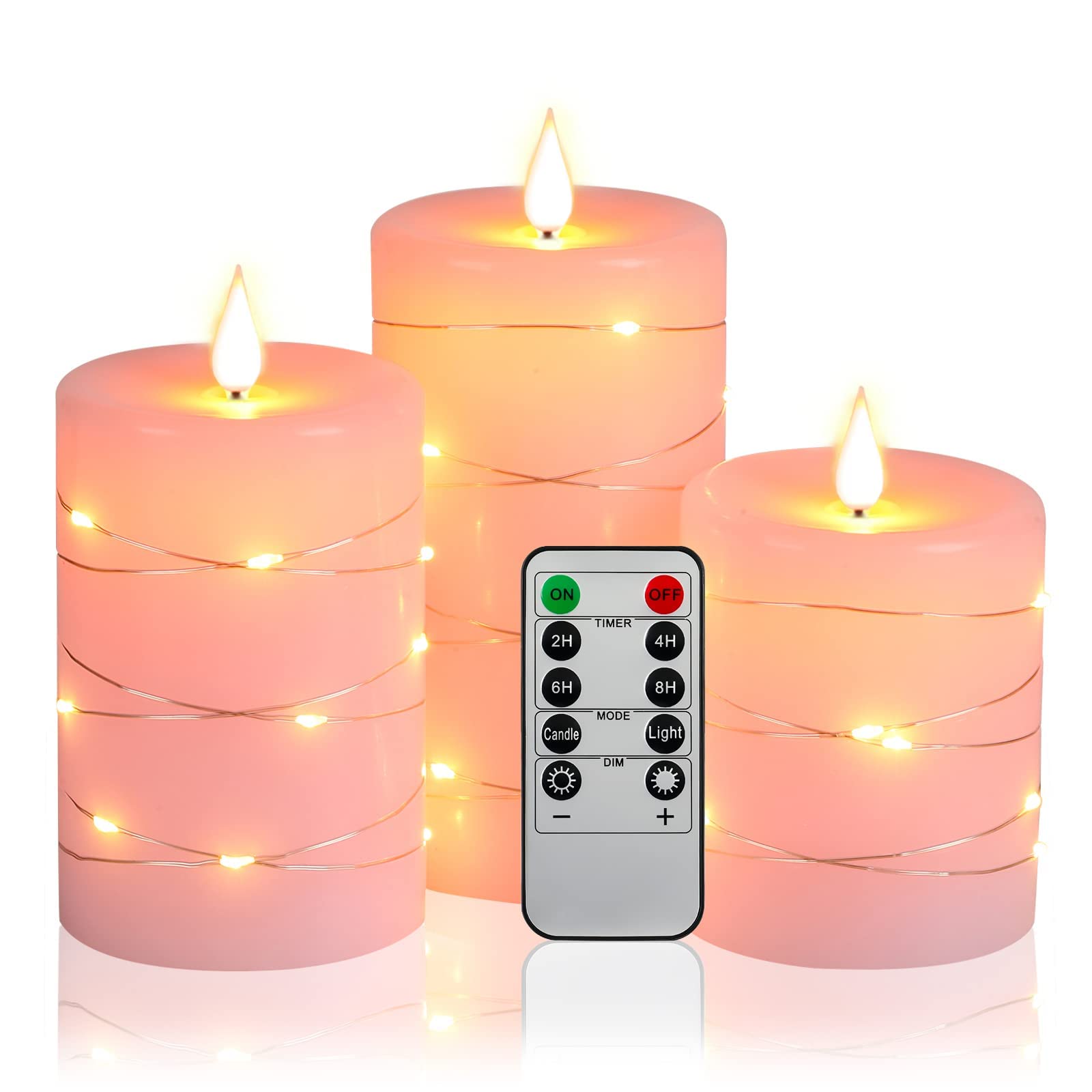 Upinmz Flameless Candle Battery with String of Lights Battery Powered LED Candle Flashing Candle with Remote Control and Timer 3 Packs (Pink)