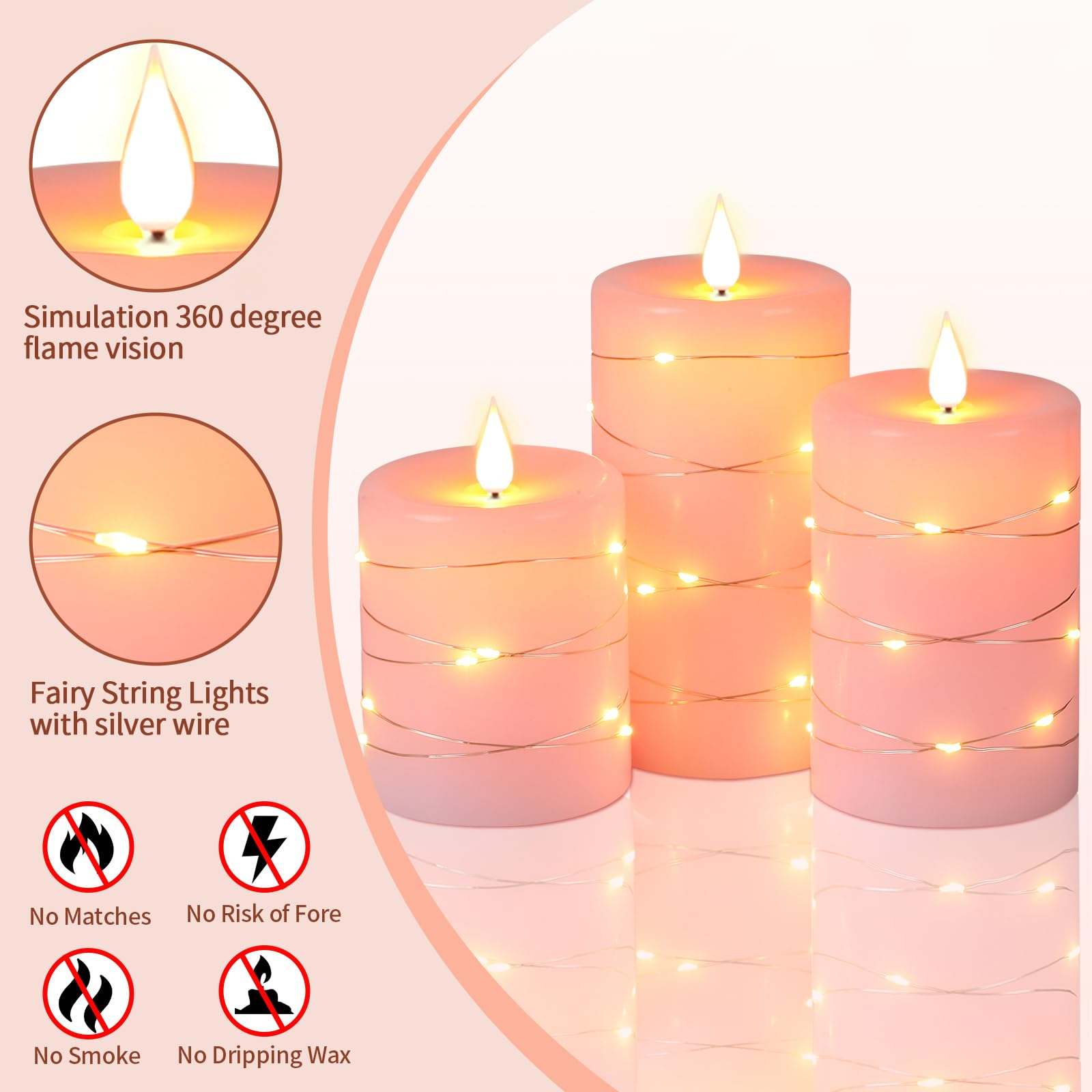 Upinmz Flameless Candle Battery with String of Lights Battery Powered LED Candle Flashing Candle with Remote Control and Timer 3 Packs (Pink)