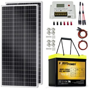 expertpower 200w 12v solar power kit | 200-watt mono rigid panel + 12v 55ah gel battery + 20a solar charge controller, for rv, cabin, off-grid diy, solar projects and more