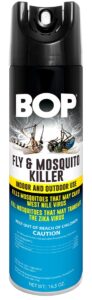 bop fly and mosquito killer, 16.5 oz, easy to use pest control spray, kills bugs on contact and keeps your home insect free, indoor/outdoor use for quick results