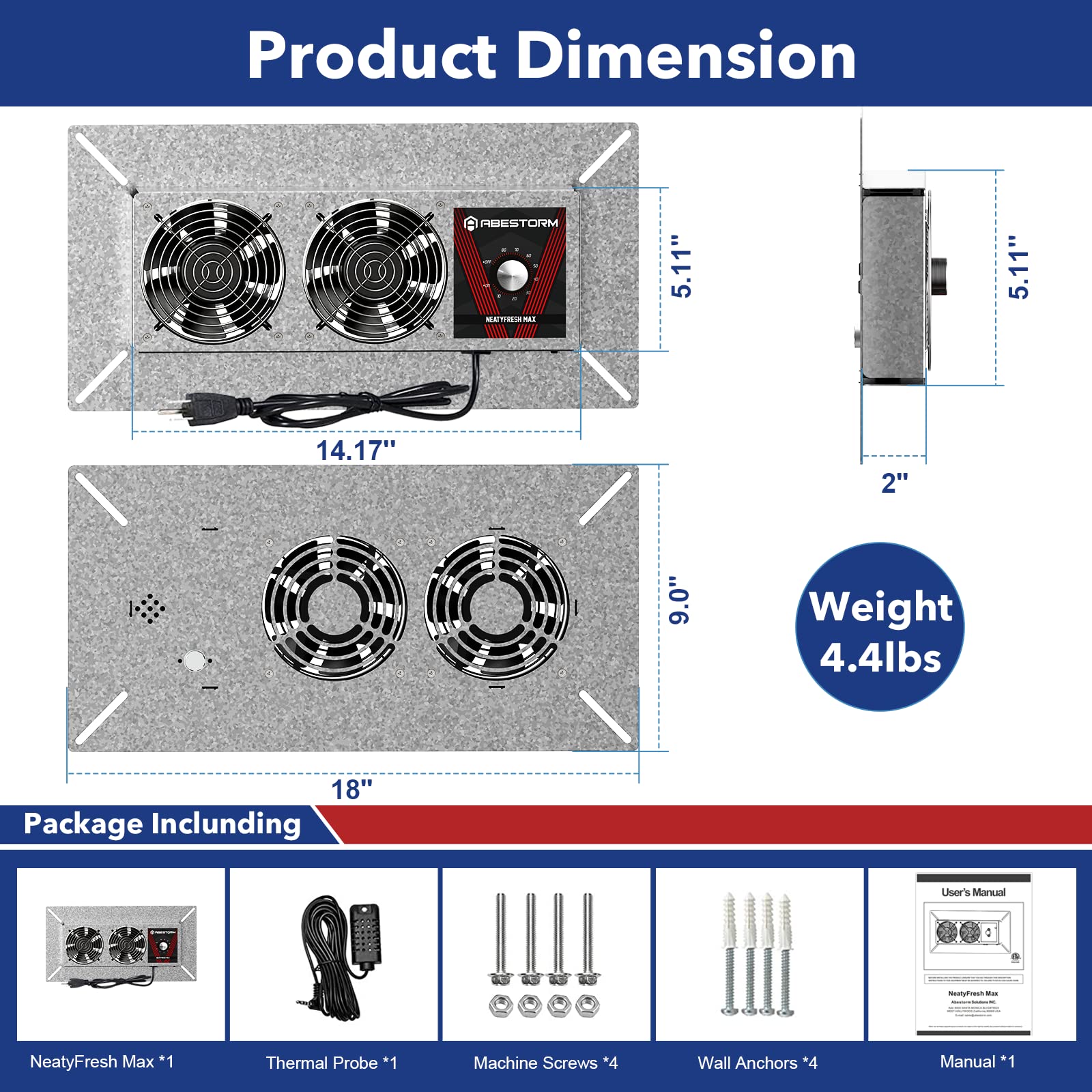 Abestorm 220 CFM Exhaust Fan with Dehumidistat, Black, 18" x 9" x 2"