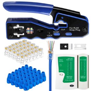 gaobige rj45 crimp tool kit pass through, cat5 cat5e cat6 cat6a crimping tool with 50pcs rj45 cat6 pass through connectors, 20pcs covers, cable tester, cutter, wire stripper