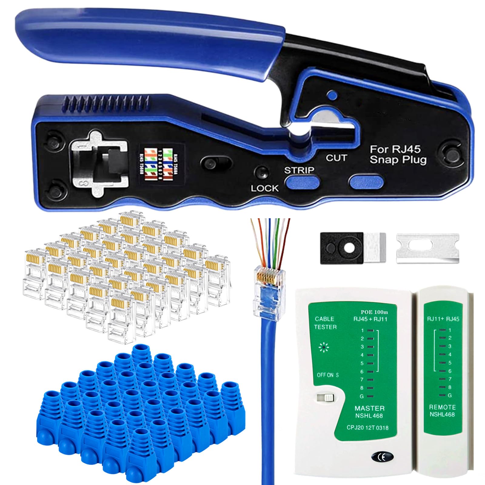 Gaobige RJ45 Crimp Tool Kit Pass Through, Cat5 Cat5e Cat6 Cat6A Crimping Tool with 50PCS RJ45 Cat6 Pass Through Connectors, 20PCS Covers, Cable Tester, Cutter, Wire Stripper