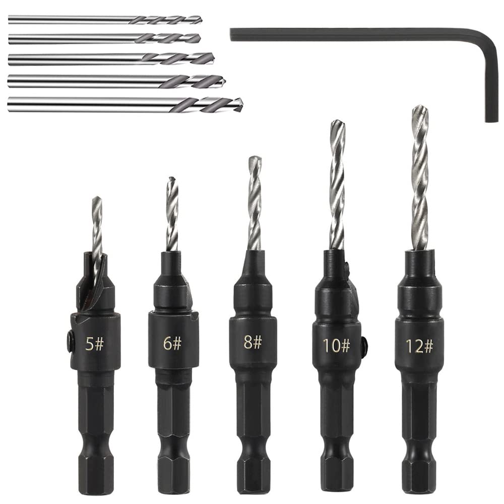 Saipe 5pcs Wood Countersink Drill Bit Set Hex Shank Quick Change Counter Sinker Pre Hole Drill Bit Set Screw Counterbore Bit Pilot Bit Set #5, 6, 8, 10, 12 for Woodworking and Carpentry