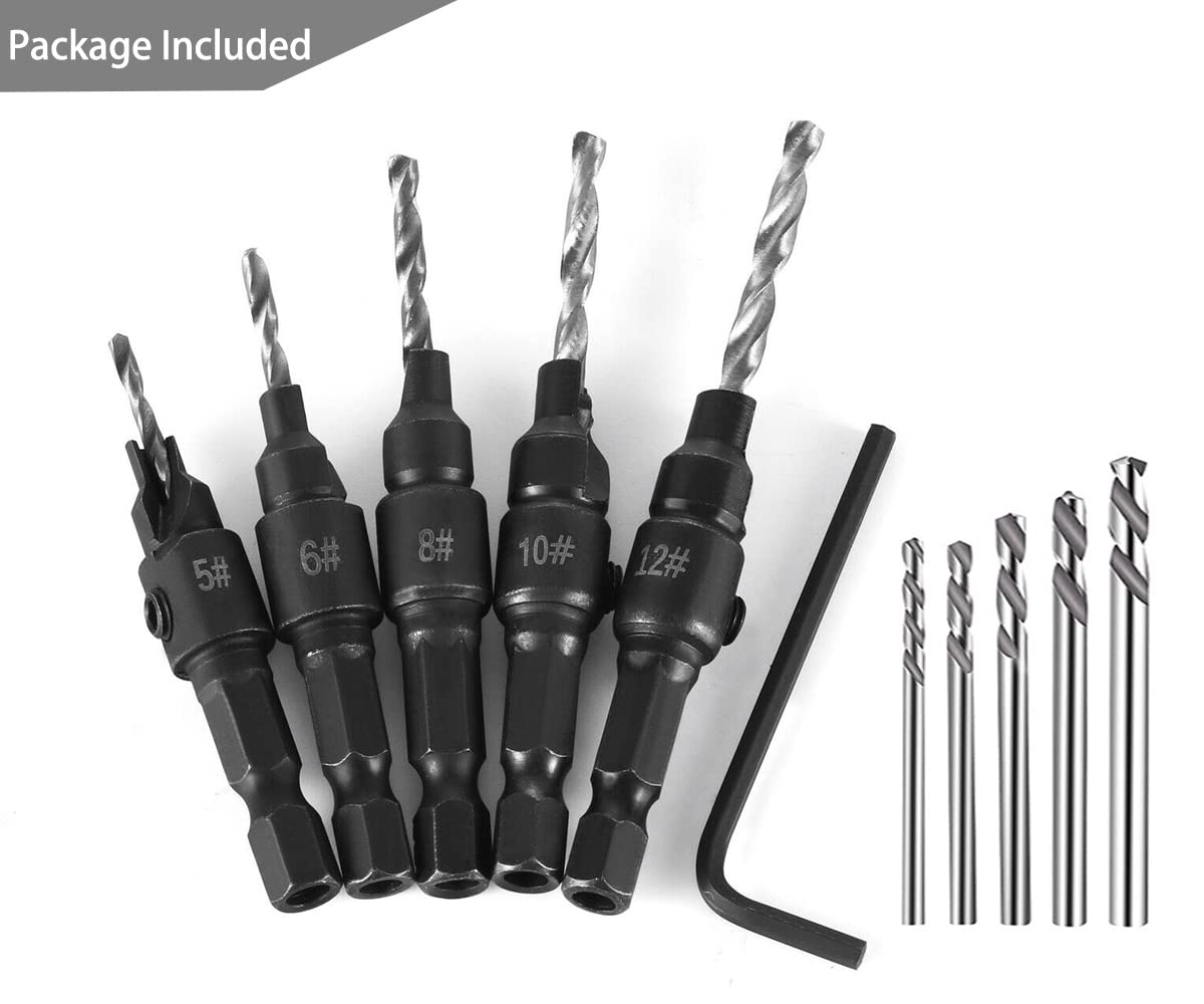 Saipe 5pcs Wood Countersink Drill Bit Set Hex Shank Quick Change Counter Sinker Pre Hole Drill Bit Set Screw Counterbore Bit Pilot Bit Set #5, 6, 8, 10, 12 for Woodworking and Carpentry