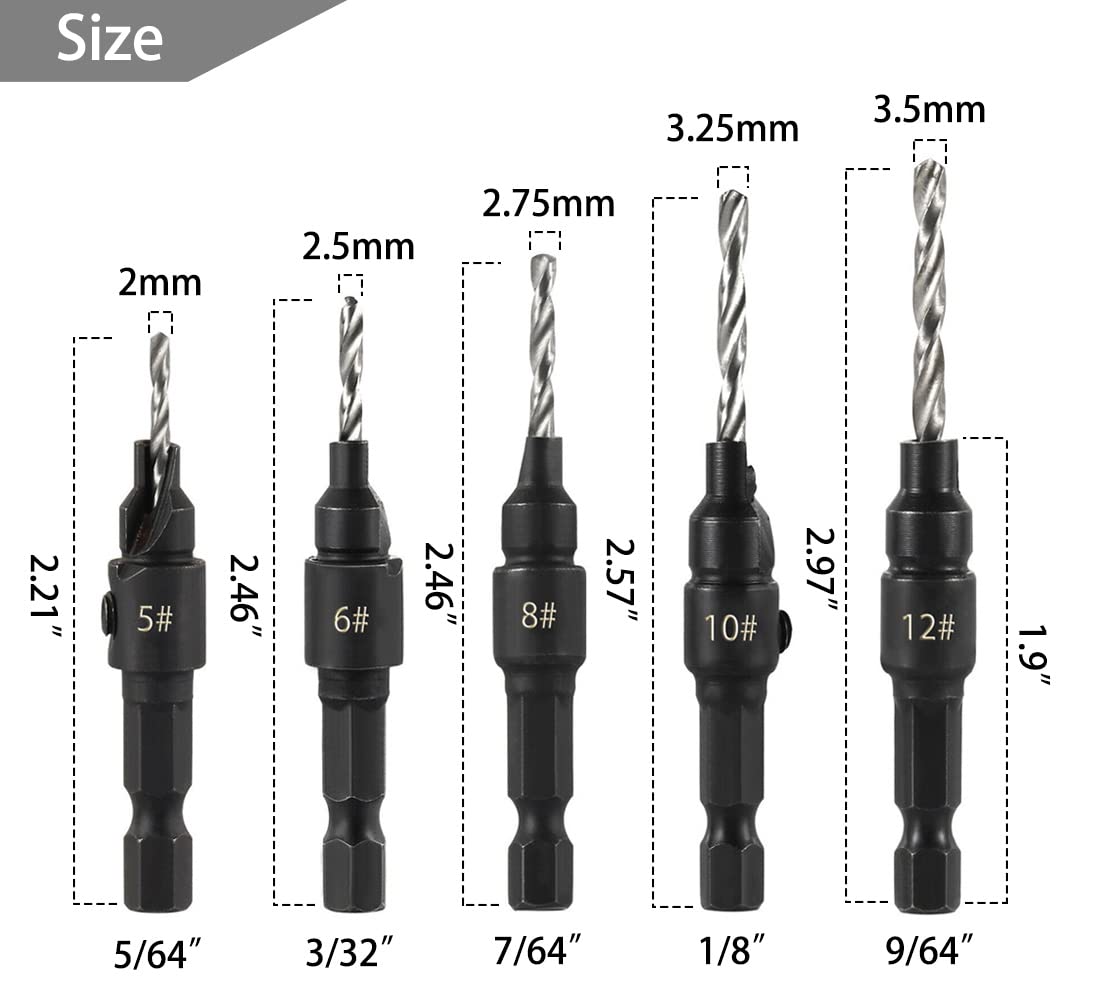 Saipe 5pcs Wood Countersink Drill Bit Set Hex Shank Quick Change Counter Sinker Pre Hole Drill Bit Set Screw Counterbore Bit Pilot Bit Set #5, 6, 8, 10, 12 for Woodworking and Carpentry