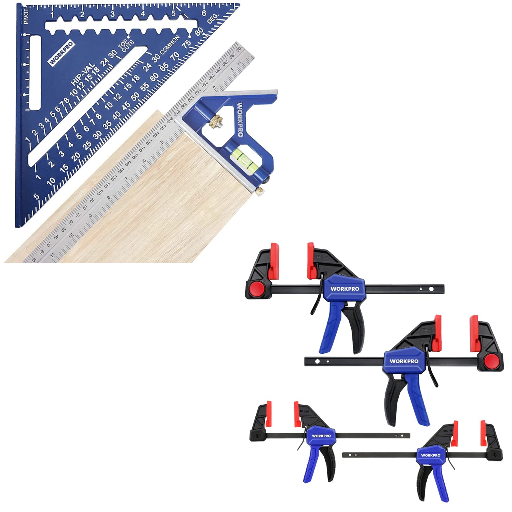 WORKPRO Rafter Square and Combination Square Tool Set+WORKPRO 6"(2) and 4-1/2"(2) Bar Clamps Set