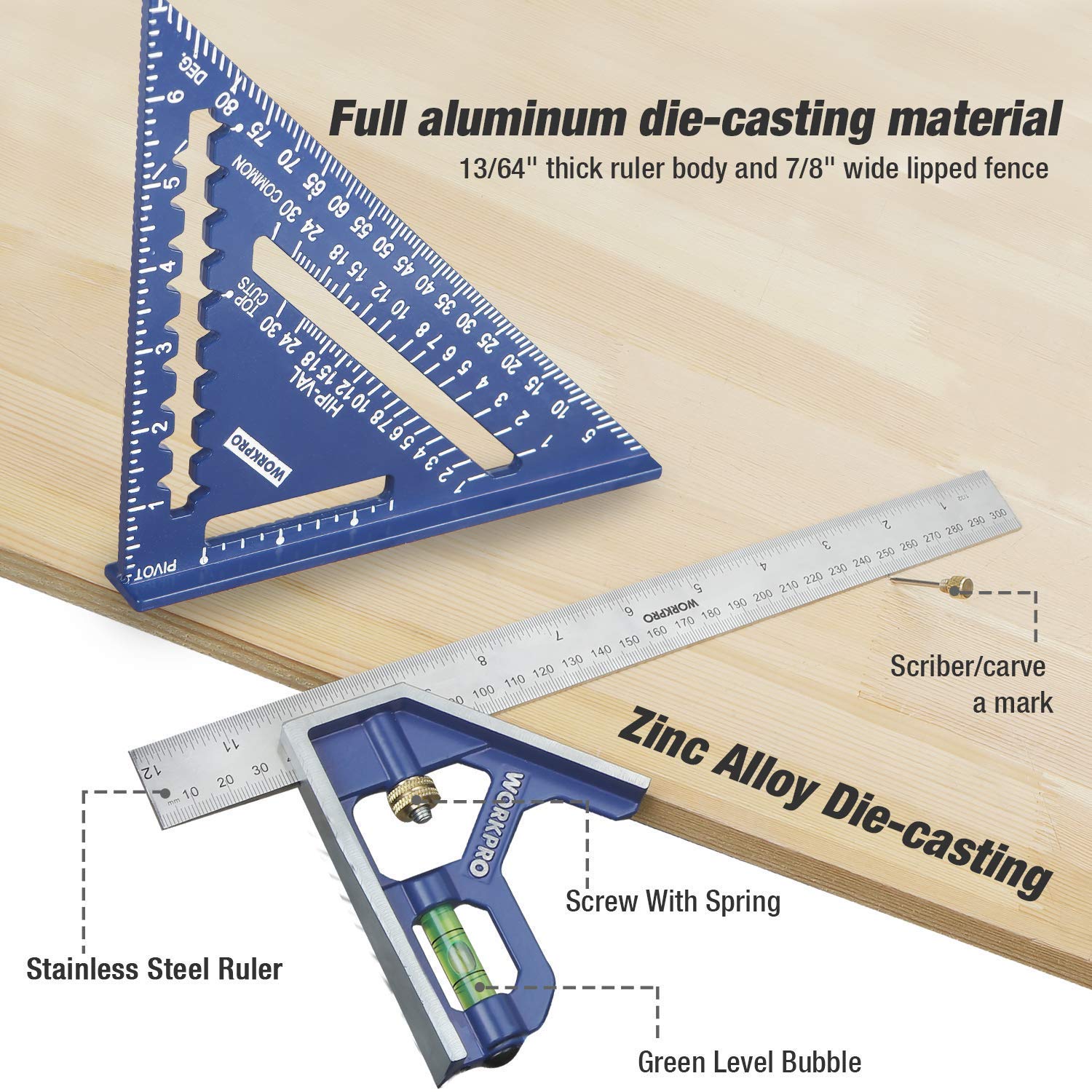 WORKPRO Rafter Square and Combination Square Tool Set+WORKPRO 6"(2) and 4-1/2"(2) Bar Clamps Set