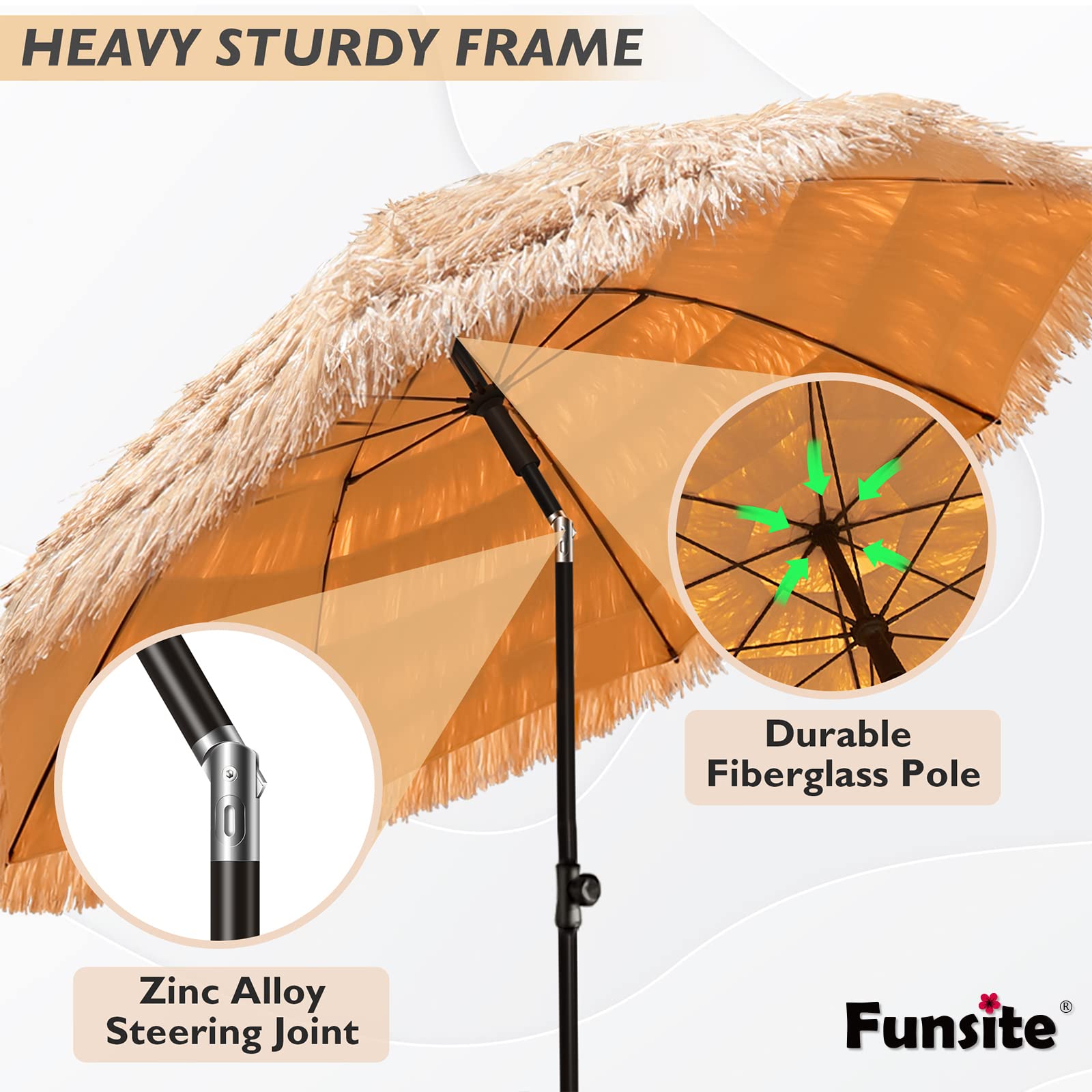 Funsite 6.5ft Tiki Umbrella Outdoor Patio Umbrellas with Tilt Hawaiian Tropical Palapa Beach Umbrella, UPF 50+ Thatch Hut Umbrella for Patio Backyard Pool