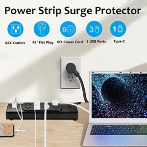 Surge Protector Power Strip 6 ft Flat Plug Power Strip, Multiple Plug Outlet, Outlet with 8 Sockets 4 USBInterface, 1875W, 2700 Joules, Black，Desktop Power Strip