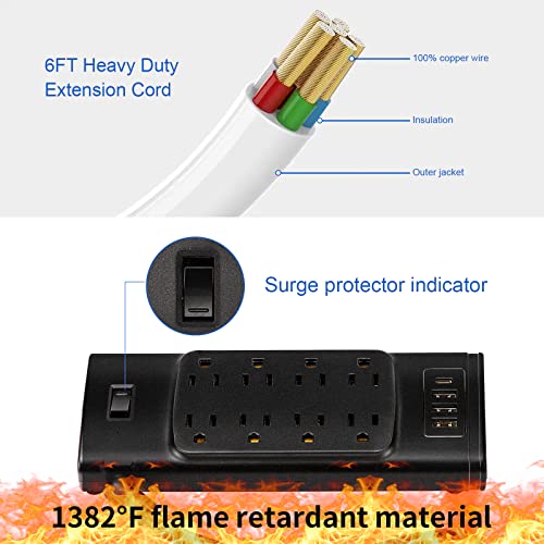 Surge Protector Power Strip 6 ft Flat Plug Power Strip, Multiple Plug Outlet, Outlet with 8 Sockets 4 USBInterface, 1875W, 2700 Joules, Black，Desktop Power Strip