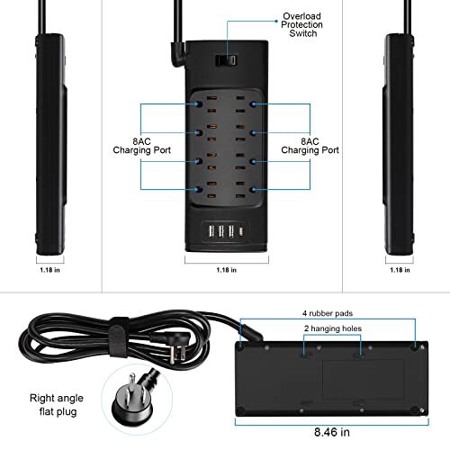 Surge Protector Power Strip 6 ft Flat Plug Power Strip, Multiple Plug Outlet, Outlet with 8 Sockets 4 USBInterface, 1875W, 2700 Joules, Black，Desktop Power Strip