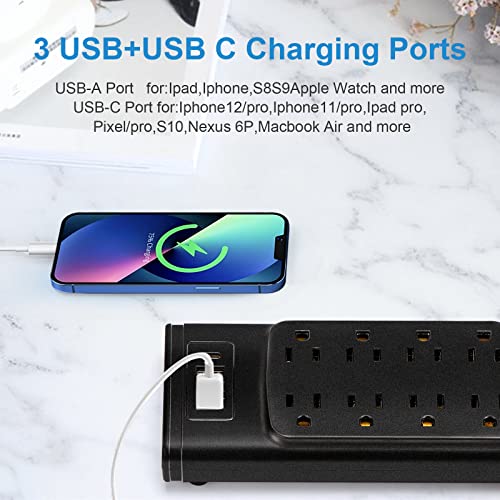 Surge Protector Power Strip 6 ft Flat Plug Power Strip, Multiple Plug Outlet, Outlet with 8 Sockets 4 USBInterface, 1875W, 2700 Joules, Black，Desktop Power Strip