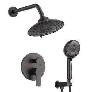 embather shower faucets sets complete with 3 setting high pressure shower head, bathroom wall mounted rainfall shower fixtures with 8-mode handheld spray, oil rubbed bronze