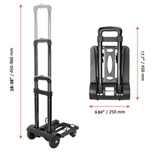 SINJEUN Black Folding Luggage Cart, 88 Lbs 40 KG Heavy Duty Folding 4 Wheels Hand Truck, Portable Fold Up Dolly with Bungee Cord and Backpack, Solid Construction Utility Cart