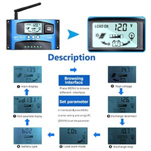 Y&H 100A 12V/24V MPPT Solar Charge Controller w/LCD Display Dual USB and WiF, Solar Panel Regulator fit for Gel Flooded and Lithium Battery Model: BL912-100A-WIF (Blue)