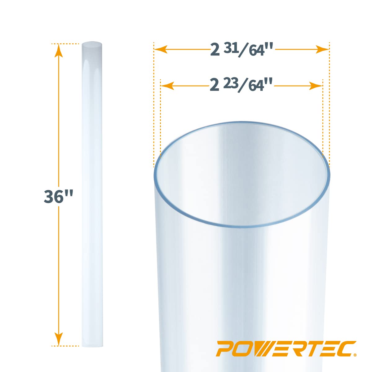 POWERTEC 70176V Clear PVC Pipe 2-1/2" x 36" Long, 1PK, Rigid Plastic Tubing for Dust Collection Hose & Fittings