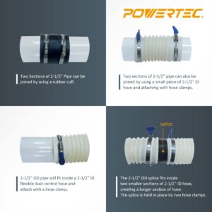 POWERTEC 70176V Clear PVC Pipe 2-1/2" x 36" Long, 1PK, Rigid Plastic Tubing for Dust Collection Hose & Fittings