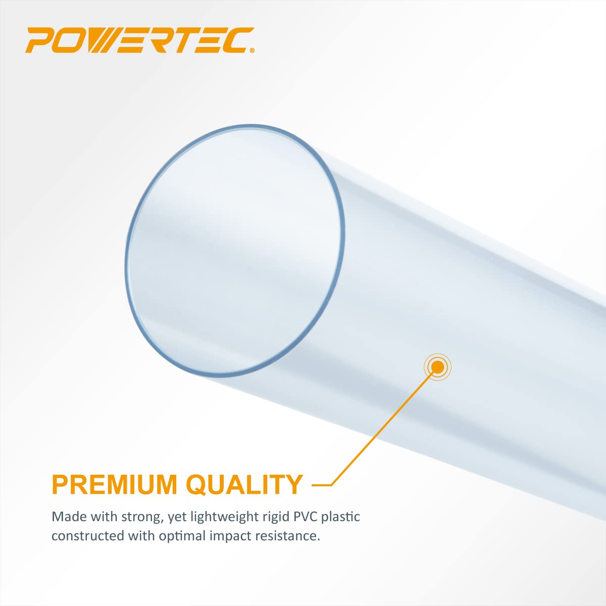 POWERTEC 70176V Clear PVC Pipe 2-1/2" x 36" Long, 1PK, Rigid Plastic Tubing for Dust Collection Hose & Fittings