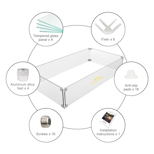 Grisun Fire Pit Glass Wind Guard - 31 x 12 x 6 inch, Thick Rectangular Heat-Resistant Tempered Glass Guard with Hard Aluminum Corner Bracket and Feet for Propane, Gas, Outdoor