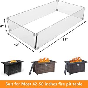 Grisun Fire Pit Glass Wind Guard - 31 x 12 x 6 inch, Thick Rectangular Heat-Resistant Tempered Glass Guard with Hard Aluminum Corner Bracket and Feet for Propane, Gas, Outdoor