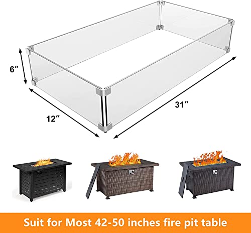 Grisun Fire Pit Glass Wind Guard - 31 x 12 x 6 inch, Thick Rectangular Heat-Resistant Tempered Glass Guard with Hard Aluminum Corner Bracket and Feet for Propane, Gas, Outdoor