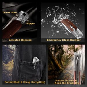 A+ Choice Pocket Knife Sharp Folding Knives - 4" 440C Stainless Steel Clip Point Blade with Pocket Clip, Wood Handle, Glass Breaker - Best Camping Hiking Fishing Work Knofe